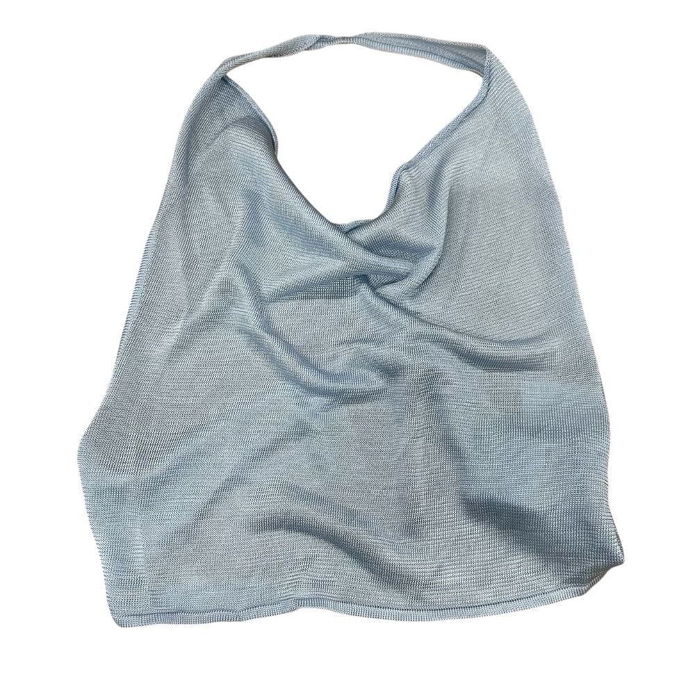 New Aya Muse Cinnabar Knit Tied Draped Halter Crop Top XS Light Sky Blue - Picture 2 of 6